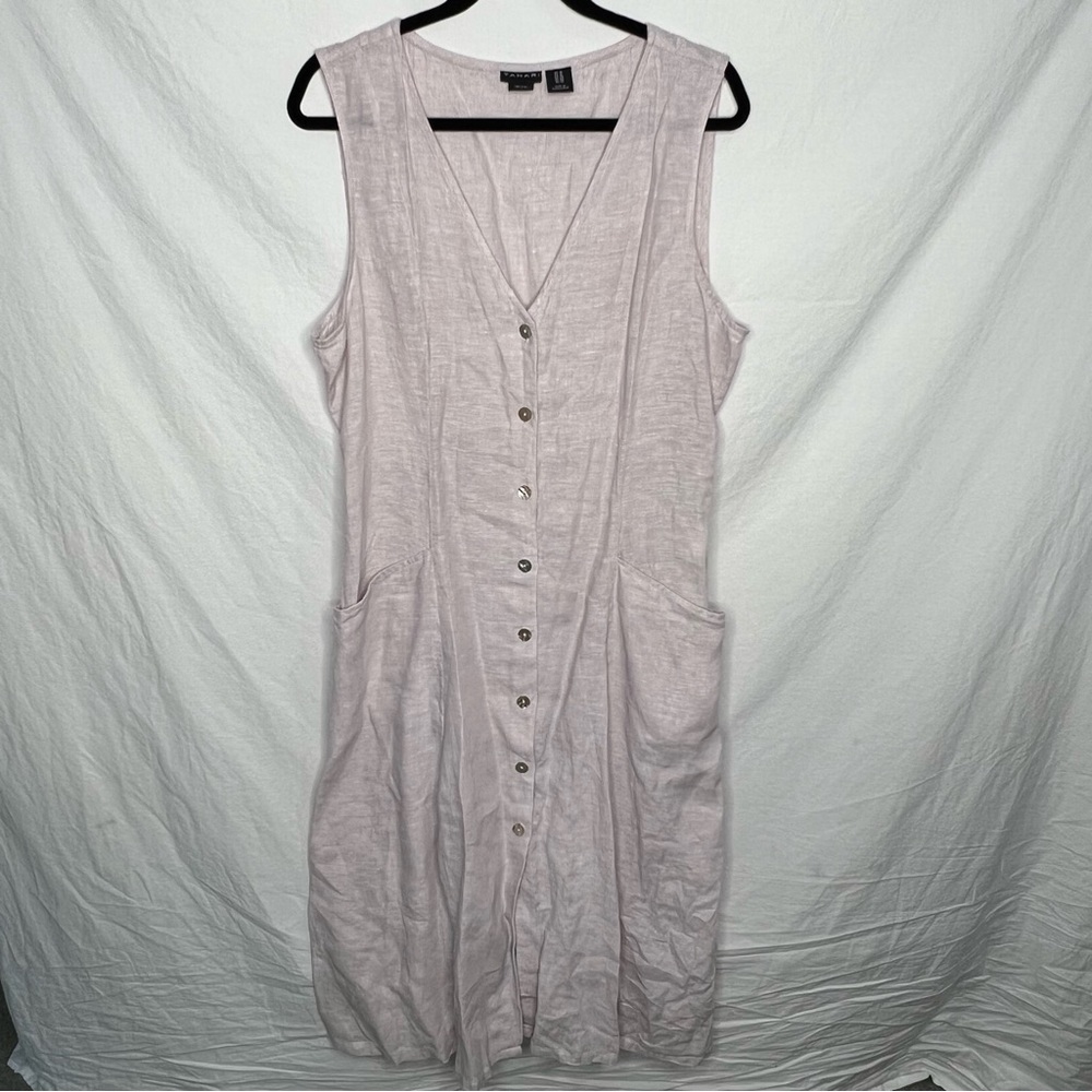 Tahari 100% Linen Button Front Midi Dress Women’s 16 Gray Pockets Lagenlook EUC